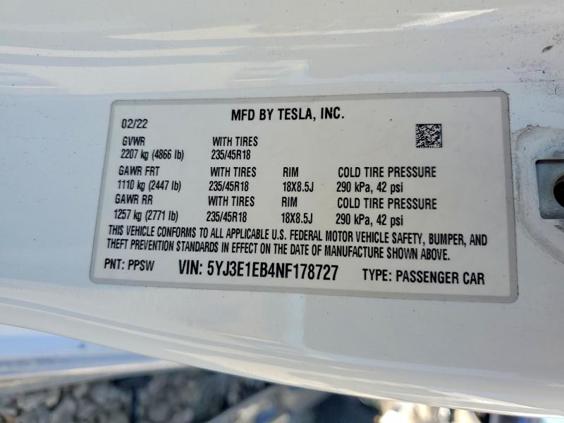 2022 Tesla Model 3 მანქანა იყიდება აუქციონზე, vin: 5YJ3E1EB4NF178727, აუქციონის ნომერი: 41770616
