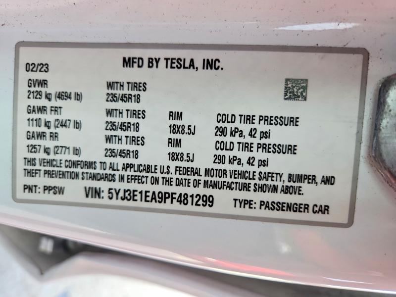 Aukcja sprzedaży 2023 Tesla Model 3, vin: 5YJ3E1EA9PF481299, numer aukcji: 47278646