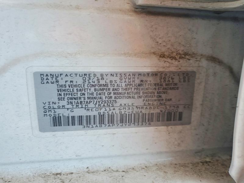 45851646 :رقم المزاد ، 3N1AB7AP7JY293375 vin ، 2018 Nissan Sentra مزاد بيع