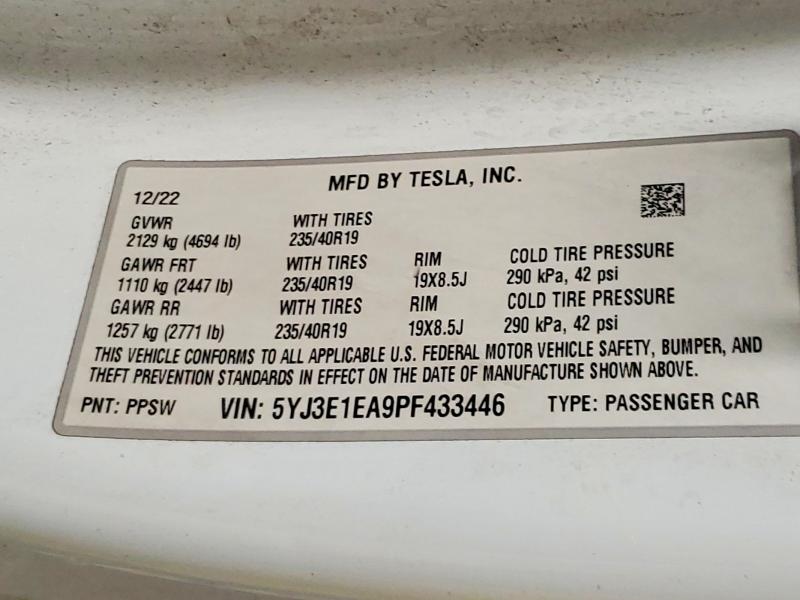 Aukcja sprzedaży 2023 Tesla Model 3, vin: 5YJ3E1EA9PF433446, numer aukcji: 79310545