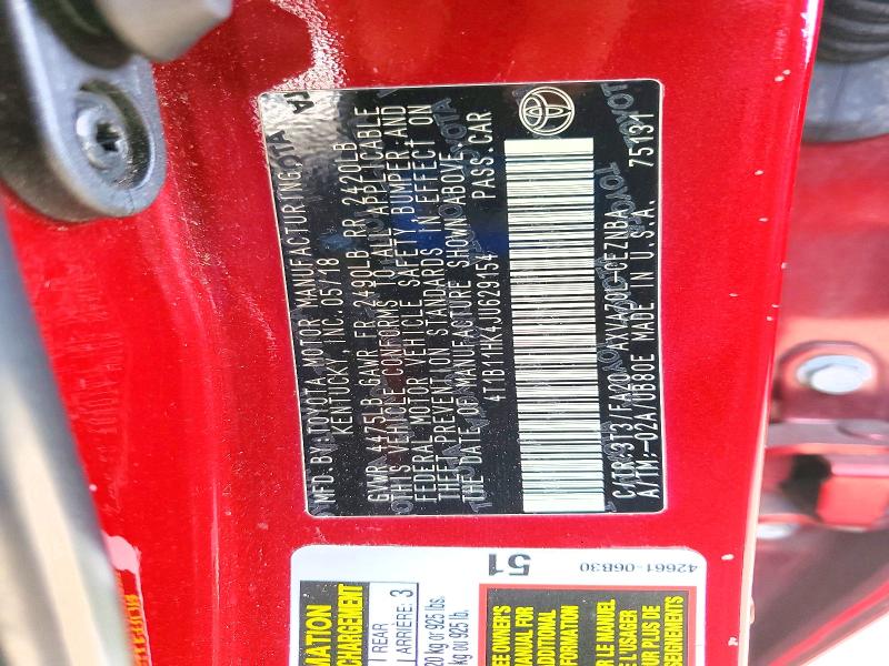 2018 Toyota Camry მანქანა იყიდება აუქციონზე, vin: 4T1B11HK4JU629154, აუქციონის ნომერი: 47576116