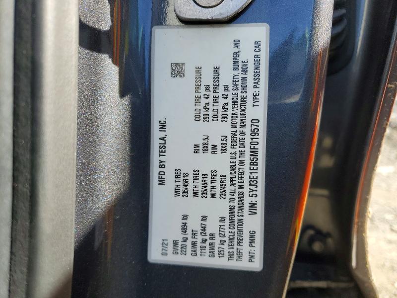 Aukcja sprzedaży 2021 Tesla Model 3, vin: 5YJ3E1EB5MF019570, numer aukcji: 41694636