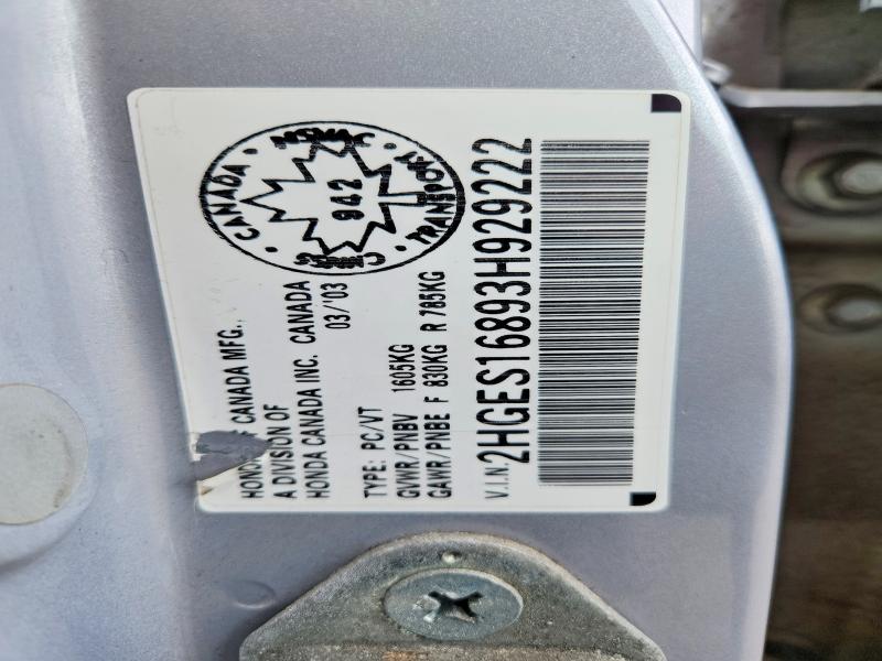 Продаж на аукціоні авто 2003 Honda Civic, vin: 2HGES16893H929222, номер лоту: 78202655