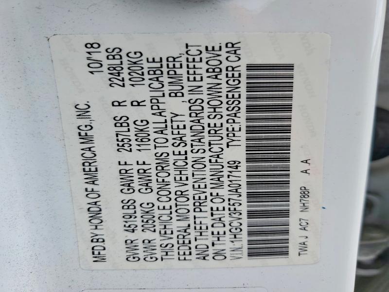 2018 Honda Accord მანქანა იყიდება აუქციონზე, vin: 1HGCV3F57JA017149, აუქციონის ნომერი: 46270116