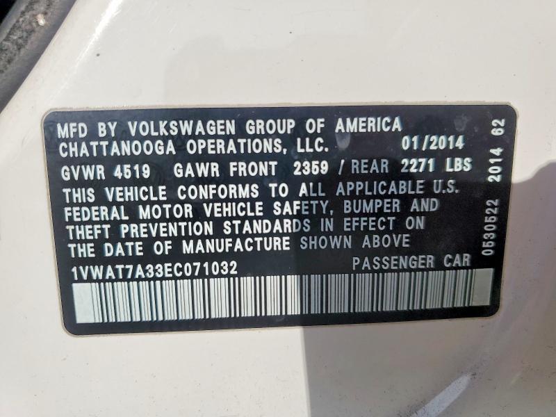 45528076 :رقم المزاد ، 1VWAT7A33EC071032 vin ، 2014 Volkswagen Passat مزاد بيع