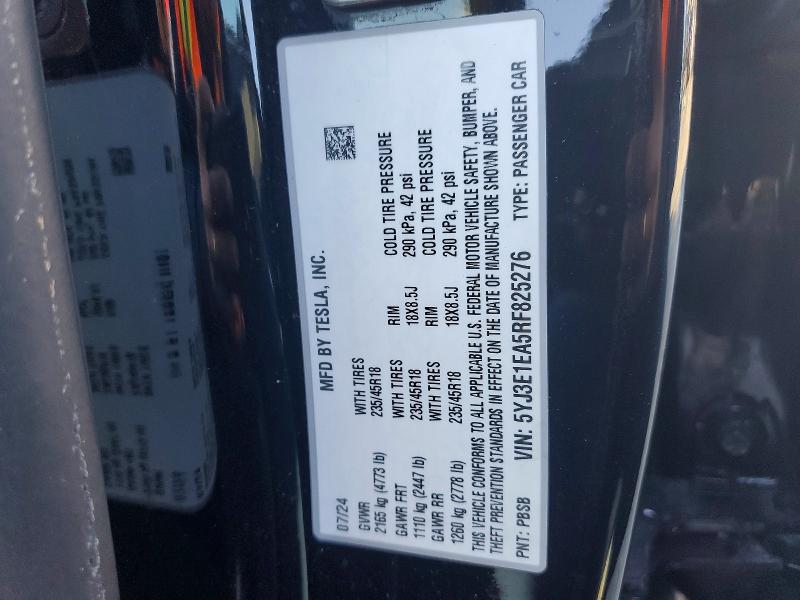 41925456 :رقم المزاد ، 5YJ3E1EA5RF825276 vin ، 2024 Tesla Model 3 مزاد بيع