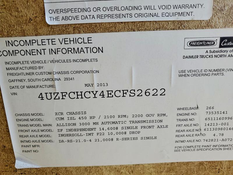 46652116 :رقم المزاد ، 4UZFCHCY4ECFS2622 vin ، 2014 Freightliner Chassis مزاد بيع