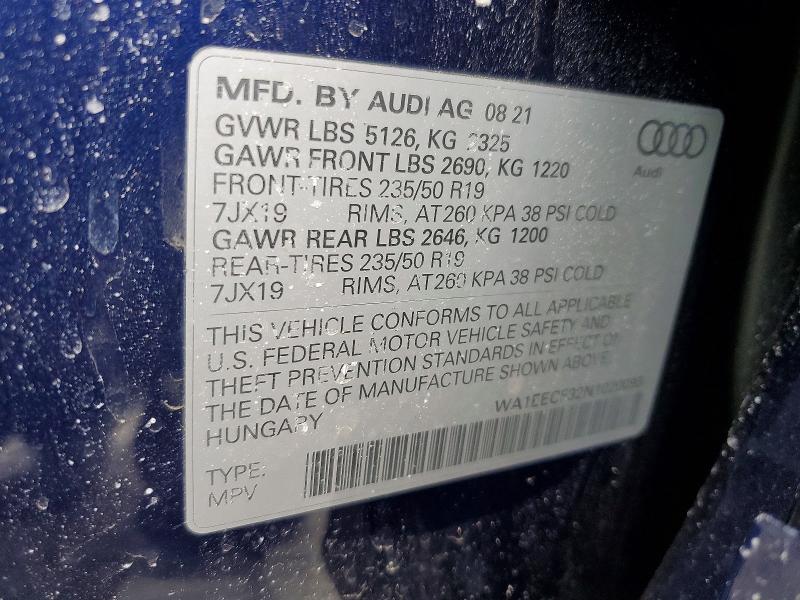 45808876 :رقم المزاد ، WA1EECF32N1020093 vin ، 2022 Audi Q3 مزاد بيع