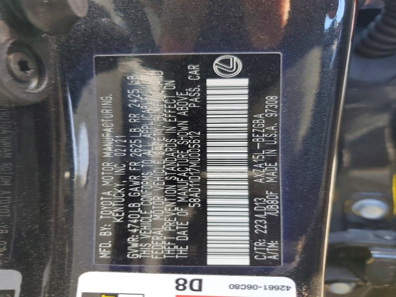 Aukcja sprzedaży 2021 Lexus Es 250, vin: 58AD11D17MU005612, numer aukcji: 45773546