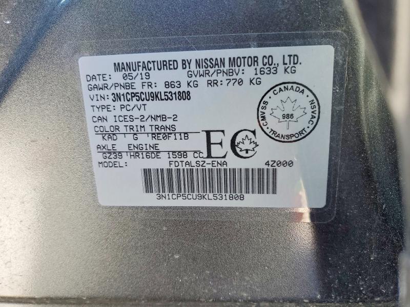 78993075 :رقم المزاد ، 3N1CP5CU9KL531808 vin ، 2019 Nissan Kicks مزاد بيع