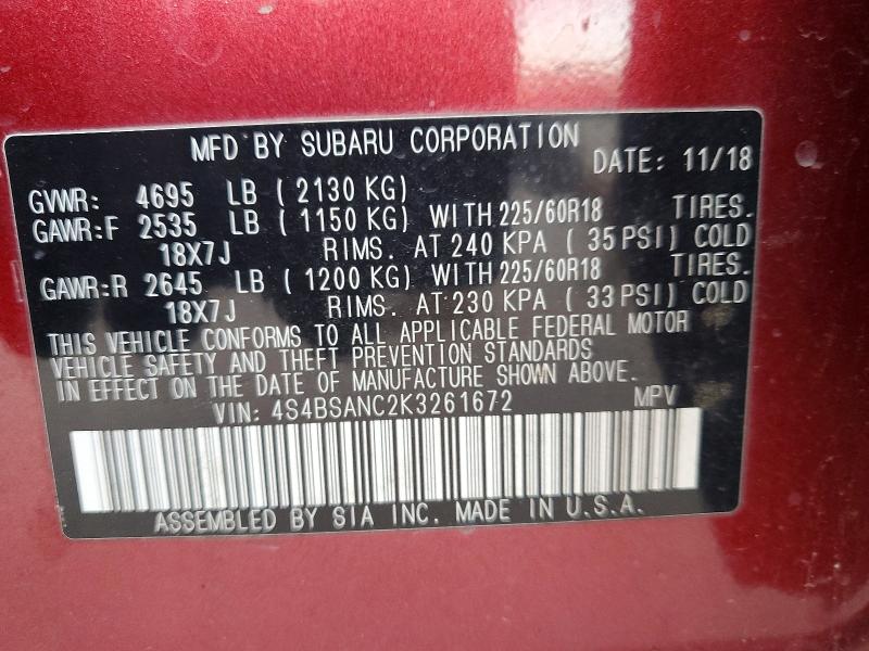 Продажа на аукционе авто 2019 Subaru Outback, vin: 4S4BSANC2K3261672, номер лота: 46622876
