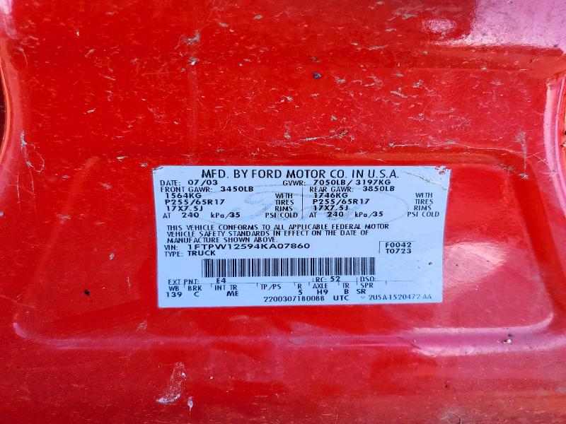47202986 :رقم المزاد ، 1FTPW12594KA07860 vin ، 2004 Ford F150 مزاد بيع