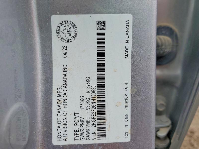 Продажа на аукционе авто 2022 Honda Civic, vin: 2HGFE2F26NH120535, номер лота: 46462286