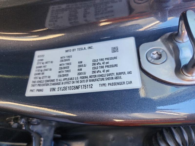 2022 Tesla Model 3 მანქანა იყიდება აუქციონზე, vin: 5YJ3E1EC6NF175112, აუქციონის ნომერი: 46568816
