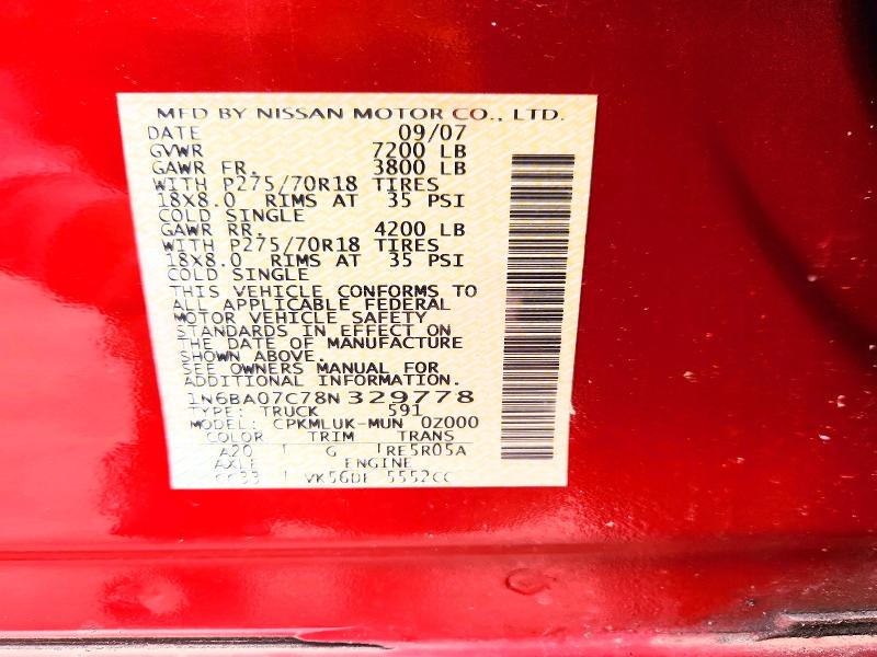 Aukcja sprzedaży 2008 Nissan Titan Pro4, vin: 1N6BA07C78N329778, numer aukcji: 79574275