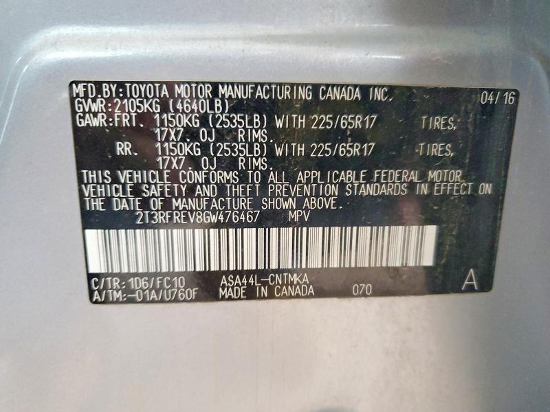 Продажа на аукционе авто 2016 Toyota Rav4, vin: 2T3RFREV8GW476467, номер лота: 47138526