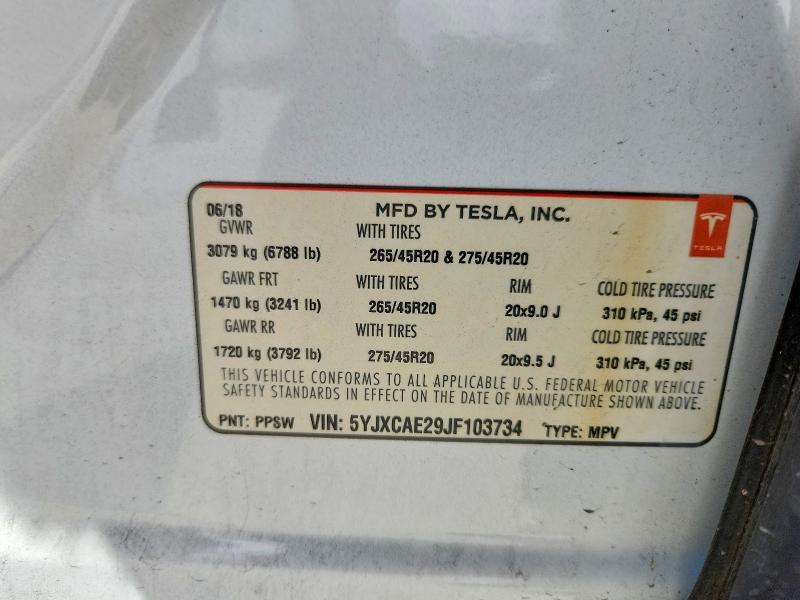 2018 Tesla Model X მანქანა იყიდება აუქციონზე, vin: 5YJXCAE29JF103734, აუქციონის ნომერი: 45674136