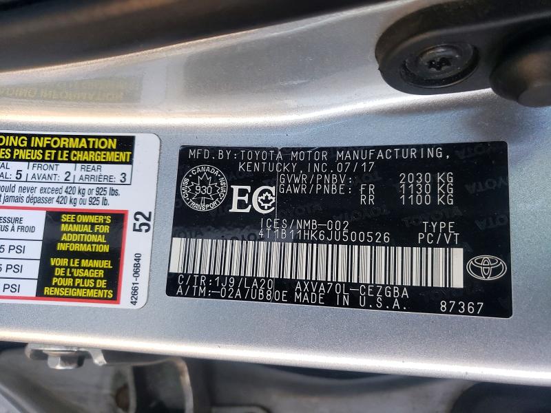 2018 Toyota Camry მანქანა იყიდება აუქციონზე, vin: 4T1B11HK6JU500526, აუქციონის ნომერი: 41947316
