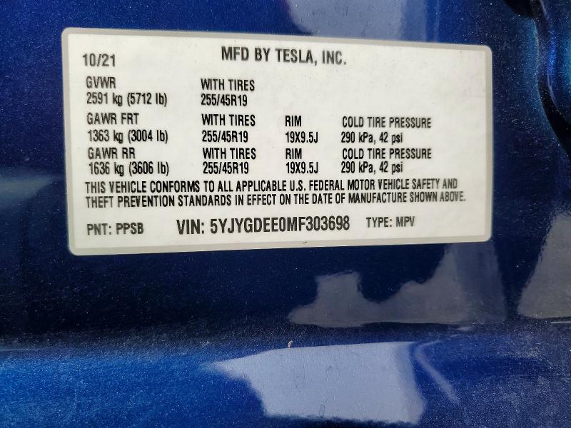 Aukcja sprzedaży 2021 Tesla Model Y, vin: 5YJYGDEE0MF303698, numer aukcji: 48104336