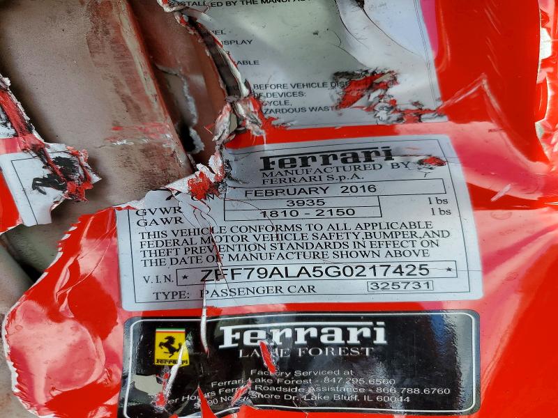 54877666 :رقم المزاد ، ZFF79ALA5G0217425 vin ، 2016 Ferrari 488 Gtb مزاد بيع