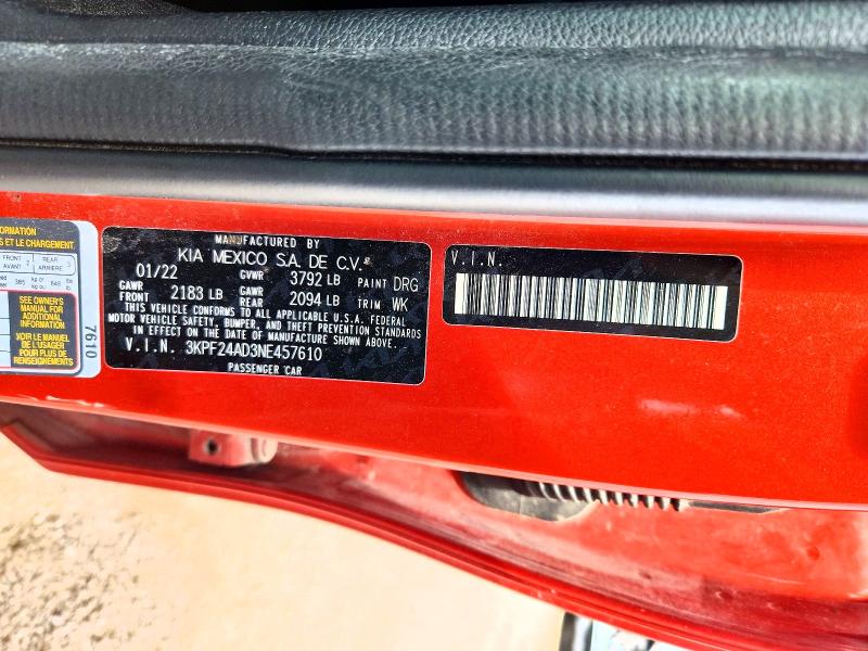 2022 Kia Forte მანქანა იყიდება აუქციონზე, vin: 3KPF24AD3NE457610, აუქციონის ნომერი: 41602096