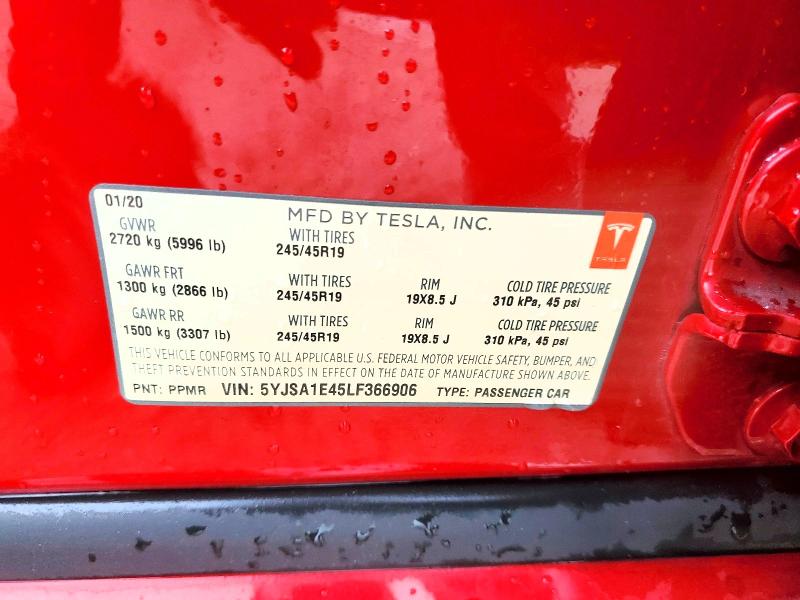45830596 :رقم المزاد ، 5YJSA1E45LF366906 vin ، 2020 Tesla Model S مزاد بيع