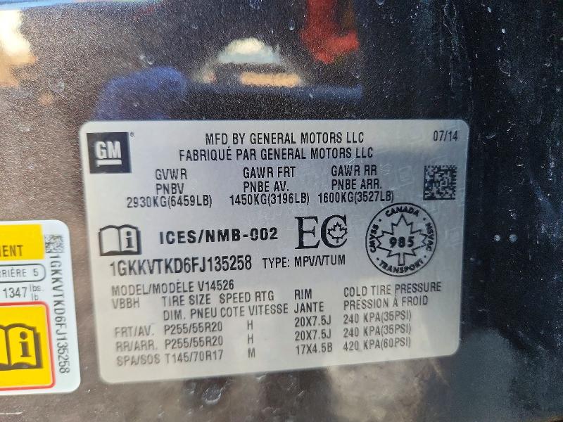 41941466 :رقم المزاد ، 1GKKVTKD6FJ135258 vin ، 2015 Gmc Acadia مزاد بيع