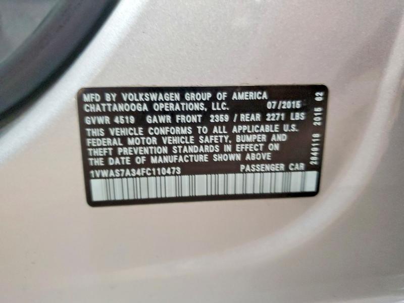 Продажа на аукционе авто 2015 Volkswagen Passat, vin: 1VWAS7A34FC110473, номер лота: 46730876