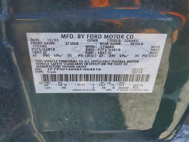 2006 Ford F150 მანქანა იყიდება აუქციონზე, vin: 1FTPW14596FA64519, აუქციონის ნომერი: 46996436
