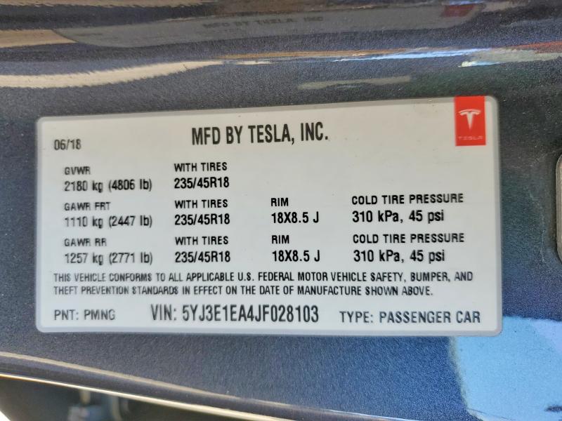 46743326 :رقم المزاد ، 5YJ3E1EA4JF028103 vin ، 2018 Tesla Model 3 مزاد بيع