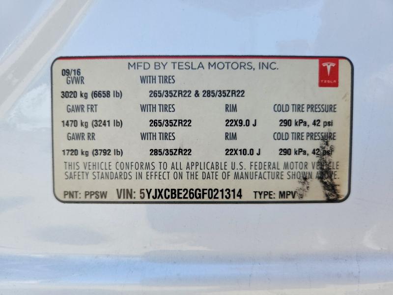 46890346 :رقم المزاد ، 5YJXCBE26GF021314 vin ، 2016 Tesla Model X مزاد بيع