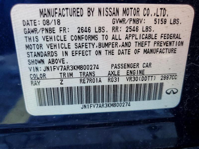 Продаж на аукціоні авто 2019 Infiniti Q50, vin: JN1FV7AR3KM800274, номер лоту: 48037426