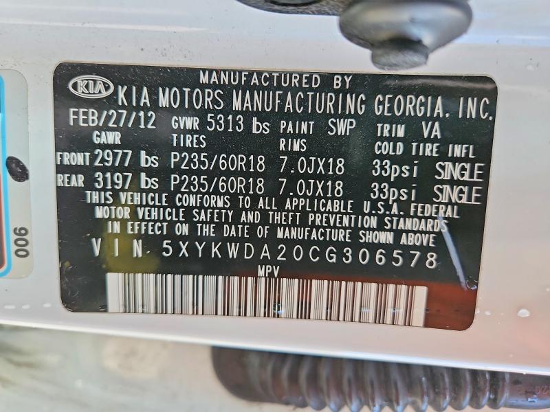 79773235 :رقم المزاد ، 5XYKWDA20CG306578 vin ، 2012 Kia Sorento مزاد بيع