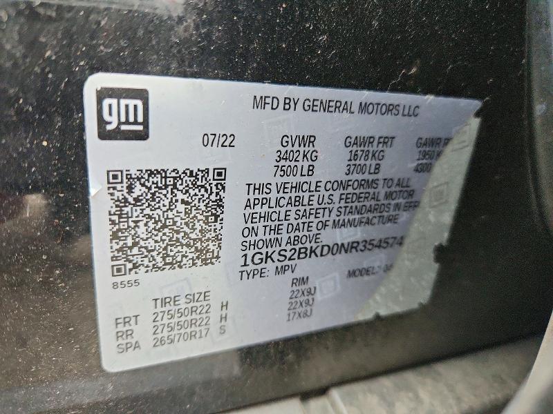 46229146 :رقم المزاد ، 1GKS2BKD0NR354574 vin ، 2022 Gmc Yukon مزاد بيع