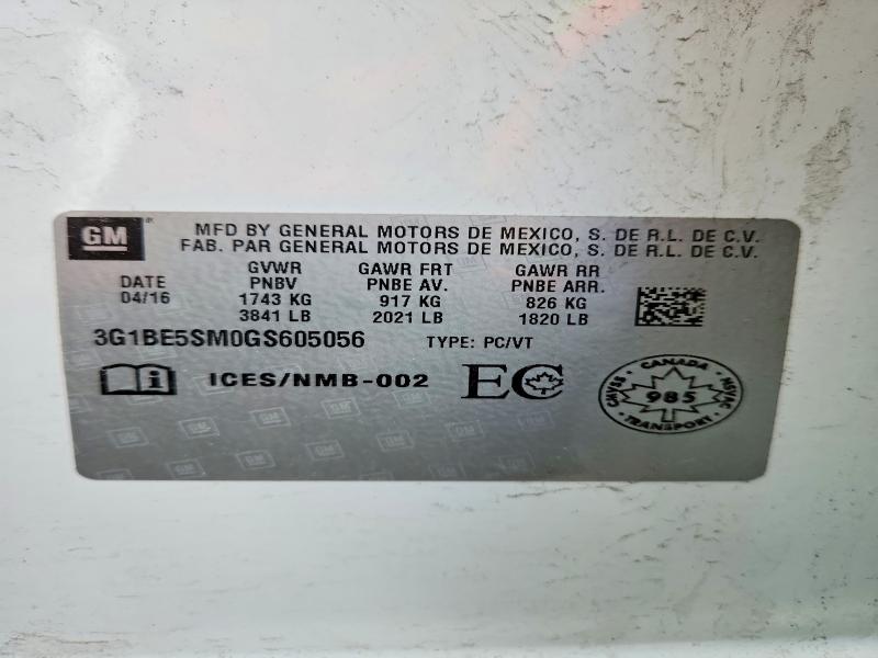 Продажа на аукционе авто 2016 Chevrolet Cruze, vin: 3G1BE5SM0GS605056, номер лота: 76859235