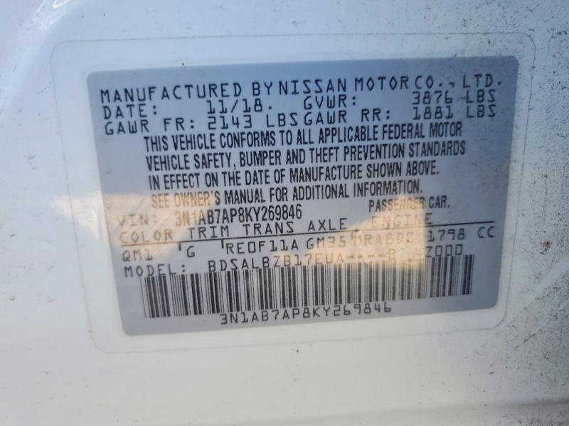 2019 Nissan Sentra მანქანა იყიდება აუქციონზე, vin: 3N1AB7AP8KY269846, აუქციონის ნომერი: 78989025
