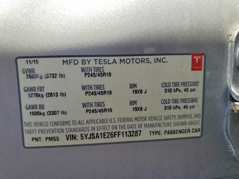 46543546 :رقم المزاد ، 5YJSA1E26FF113287 vin ، 2015 Tesla Model S مزاد بيع