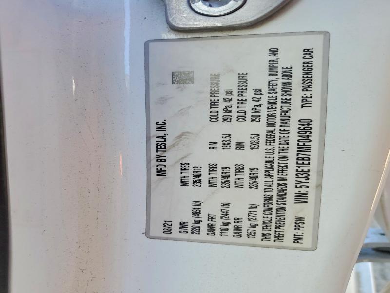 Продаж на аукціоні авто 2021 Tesla Model 3, vin: 5YJ3E1EB7MF049640, номер лоту: 41774976