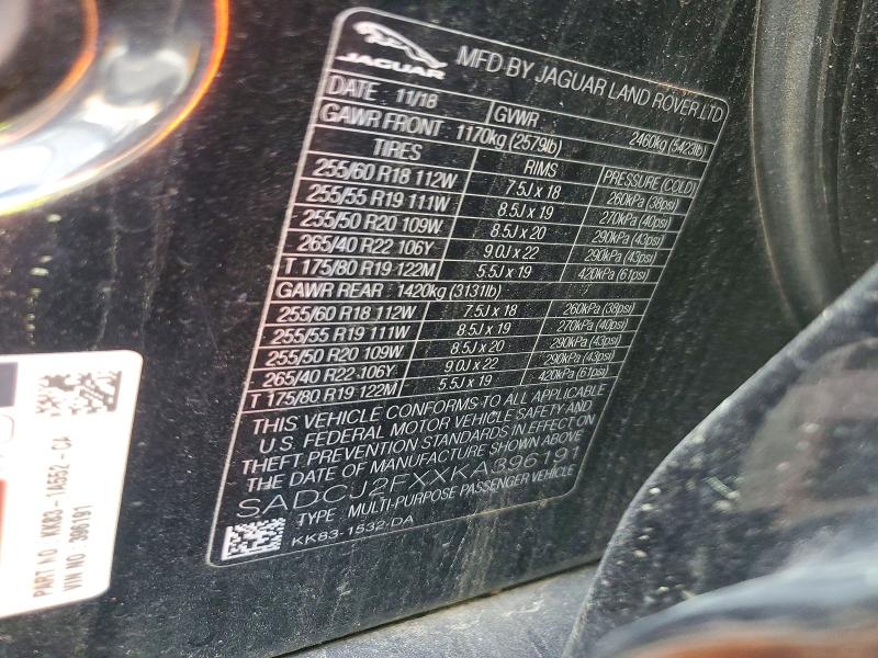 48213966 :رقم المزاد ، SADCJ2FXXKA396191 vin ، 2019 Jaguar F-pace مزاد بيع