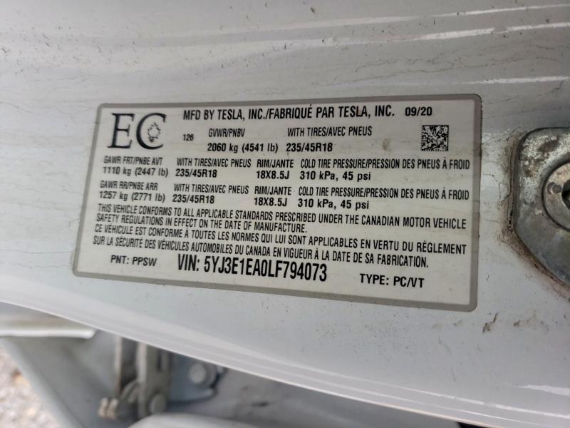 2020 Tesla Model 3 მანქანა იყიდება აუქციონზე, vin: 5YJ3E1EA0LF794073, აუქციონის ნომერი: 42080746