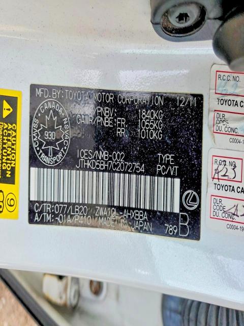 Aukcja sprzedaży 2012 Lexus Ct 200h, vin: JTHKD5BH7C2072754, numer aukcji: 79812415