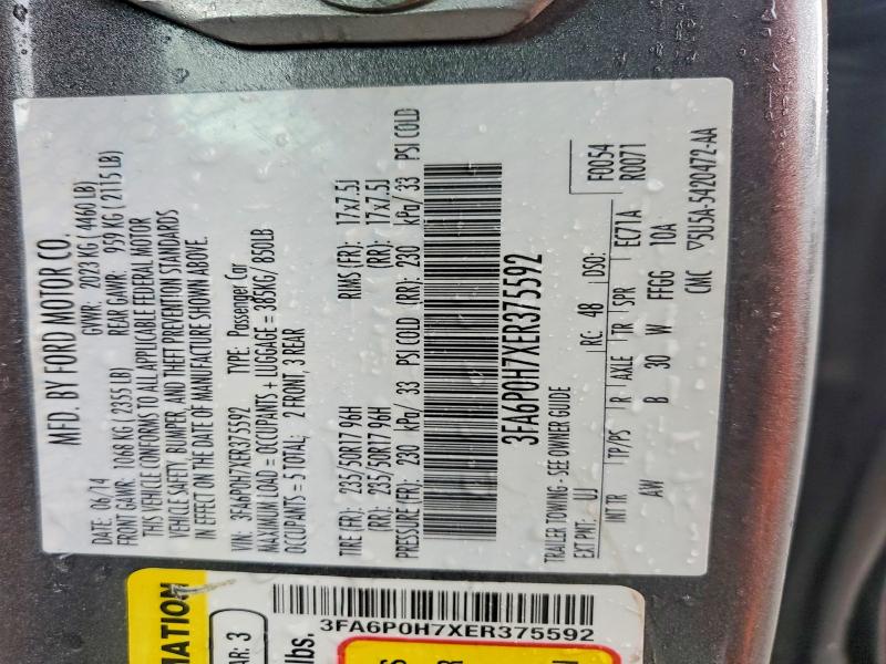 79347205 :رقم المزاد ، 3FA6P0H7XER375592 vin ، 2014 Ford Fusion مزاد بيع
