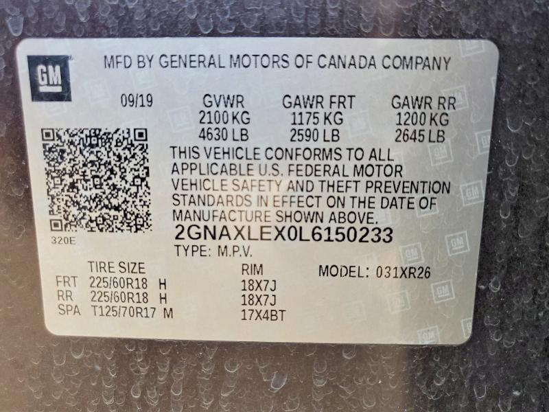 Продаж на аукціоні авто 2020 Chevrolet Equinox, vin: 2GNAXLEX0L6150233, номер лоту: 45511246