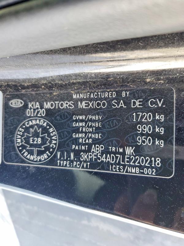 47953136 :رقم المزاد ، 3KPF54AD7LE220218 vin ، 2020 Kia Forte مزاد بيع
