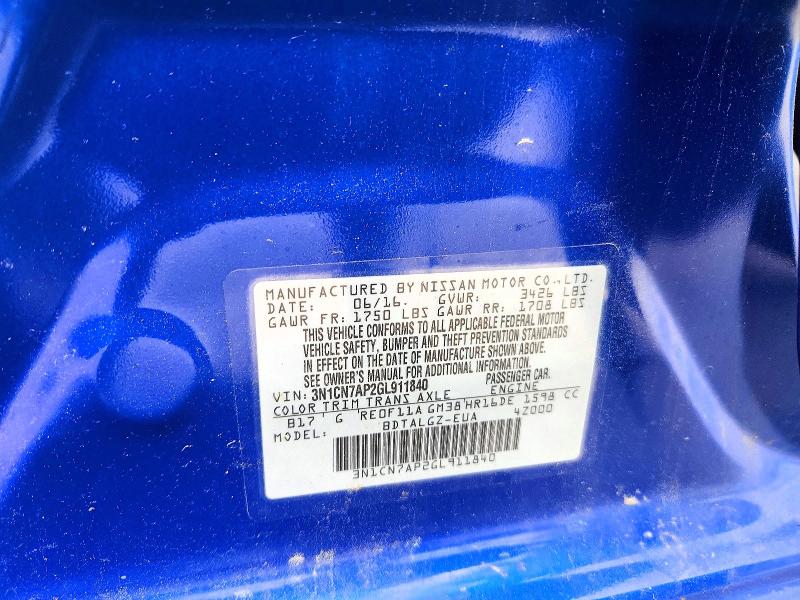 47857206 :رقم المزاد ، 3N1CN7AP2GL911840 vin ، 2016 Nissan Versa مزاد بيع