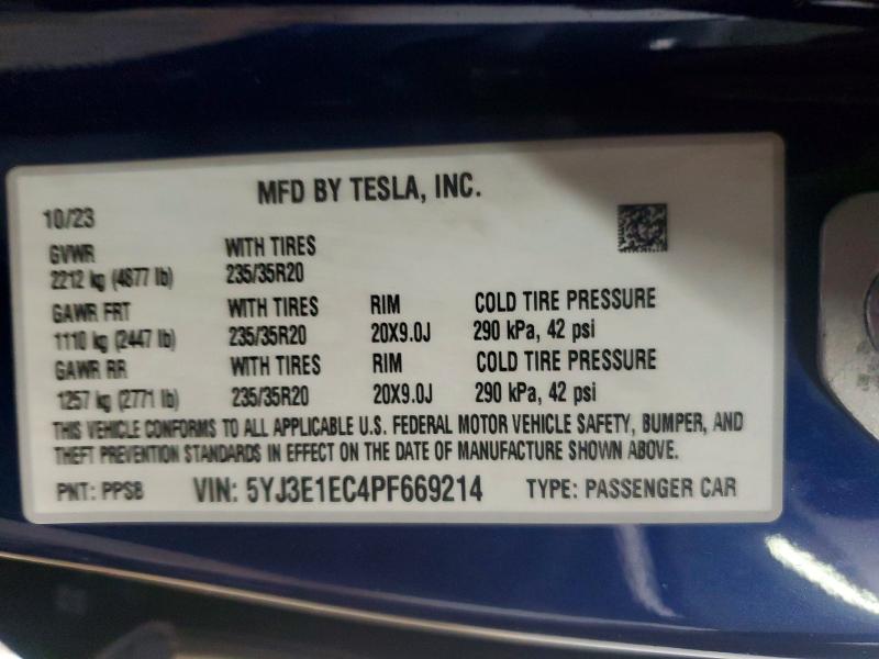 Продажа на аукционе авто 2023 Tesla Model 3, vin: 5YJ3E1EC4PF669214, номер лота: 48129096