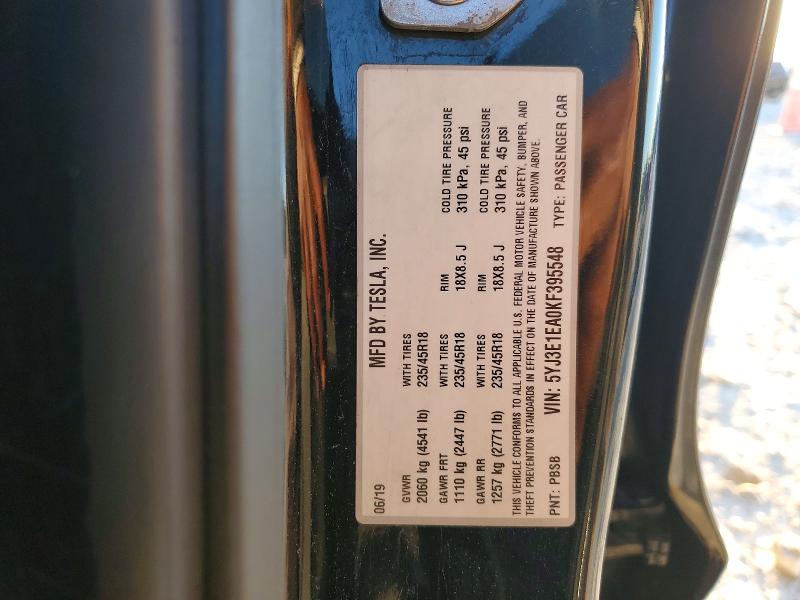 2019 Tesla Model 3 მანქანა იყიდება აუქციონზე, vin: 5YJ3E1EA0KF395548, აუქციონის ნომერი: 41836646