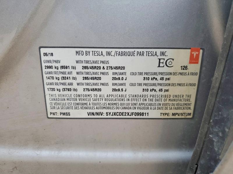 45458236 :رقم المزاد ، 5YJXCDE2XJF099811 vin ، 2018 Tesla Model X مزاد بيع