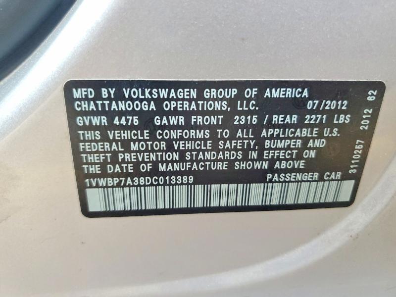 46977286 :رقم المزاد ، 1VWBP7A38DC013389 vin ، 2013 Volkswagen Passat مزاد بيع