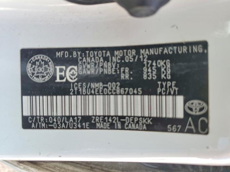 47820226 :رقم المزاد ، 2T1BU4EE0CC867045 vin ، 2012 Toyota Corolla مزاد بيع